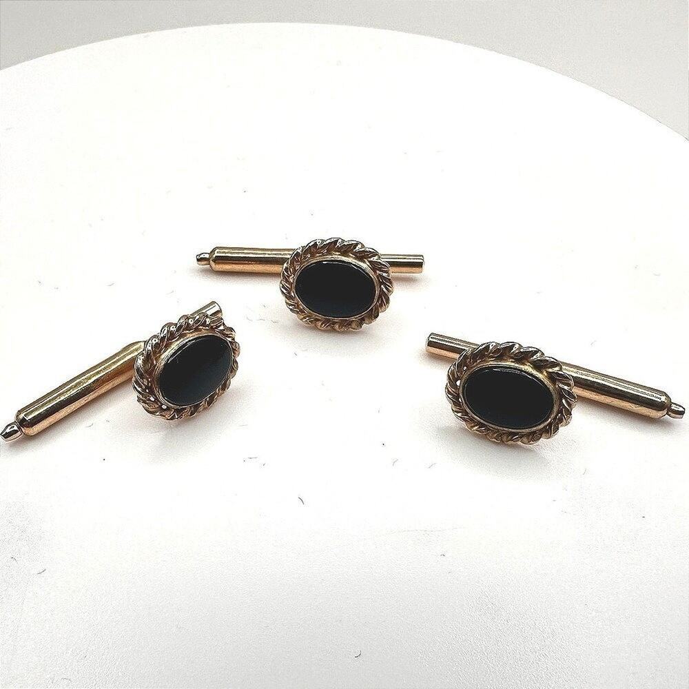 Vintage 90s Gold Tone Twisted Rope Edge Black Onyx Cufflinks Set Jewelry Retro